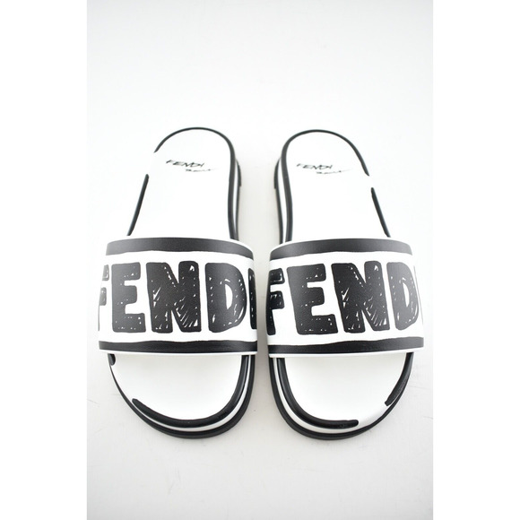 Fendi Joshua Vides White Black Leather Logo Mule Slide Flat Flop Sandal 36.5 - Picture 6 of 12